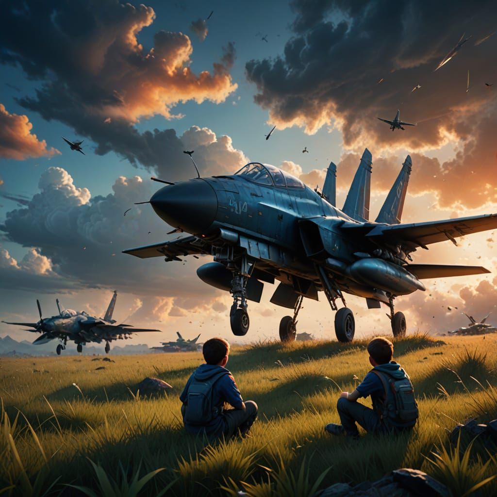 Two Boys Marvel at Epic Sky Battle in Sci-Fi Concept Art