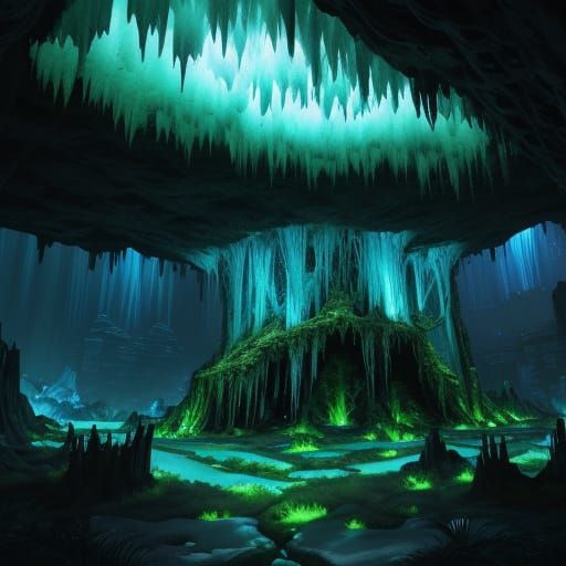 Prehistoric Cave With Bioluminescent Flora