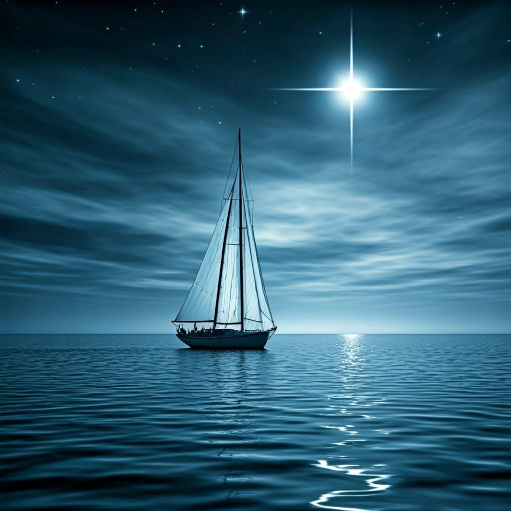 Radiant Star Illuminates the Path of a Solo Sailboat on a Mi...