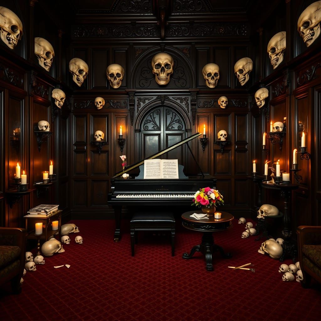 Gothic Music Parlor in Dark, Ornate Style