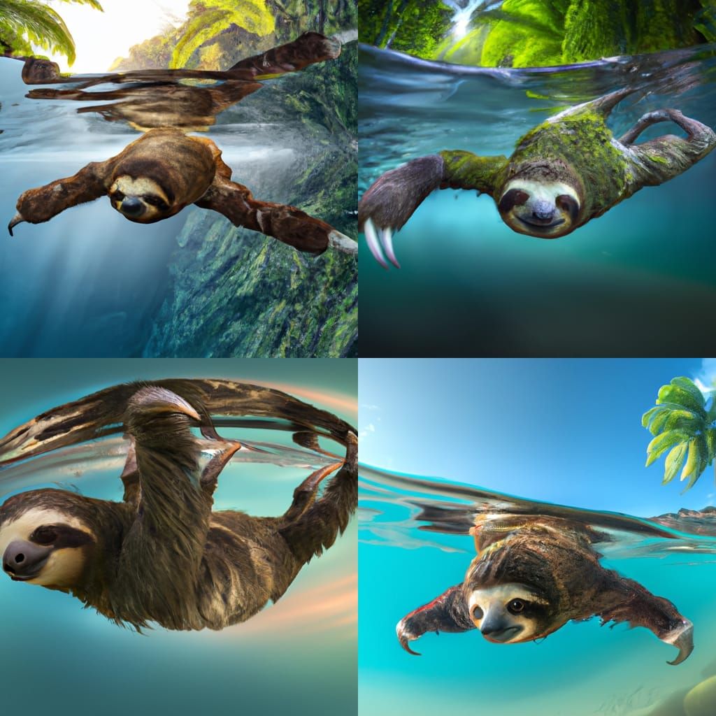 Hyperrealistic Sloth Swimming in Clear Water