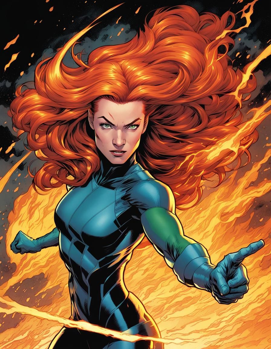 Jean Grey as Fiery Phoenix in Comic Art Style