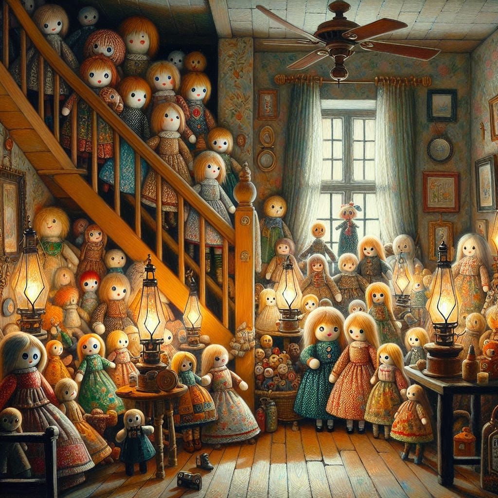 Patchwork Dolls Party in Naive Impressionist Art