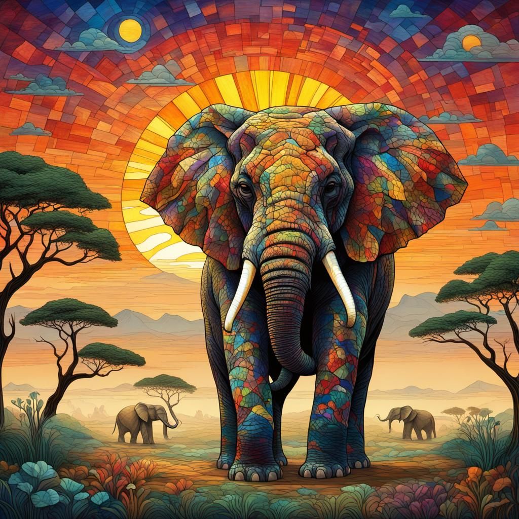 Vibrant Savanna Landscape with Multicolored Elephant