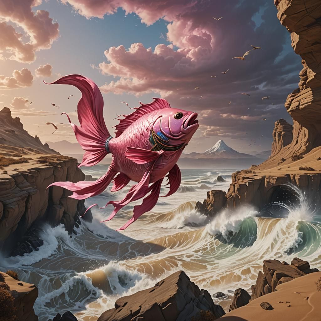 Majestic Pink Fish Leaps into Typhoon: Botticelli Style