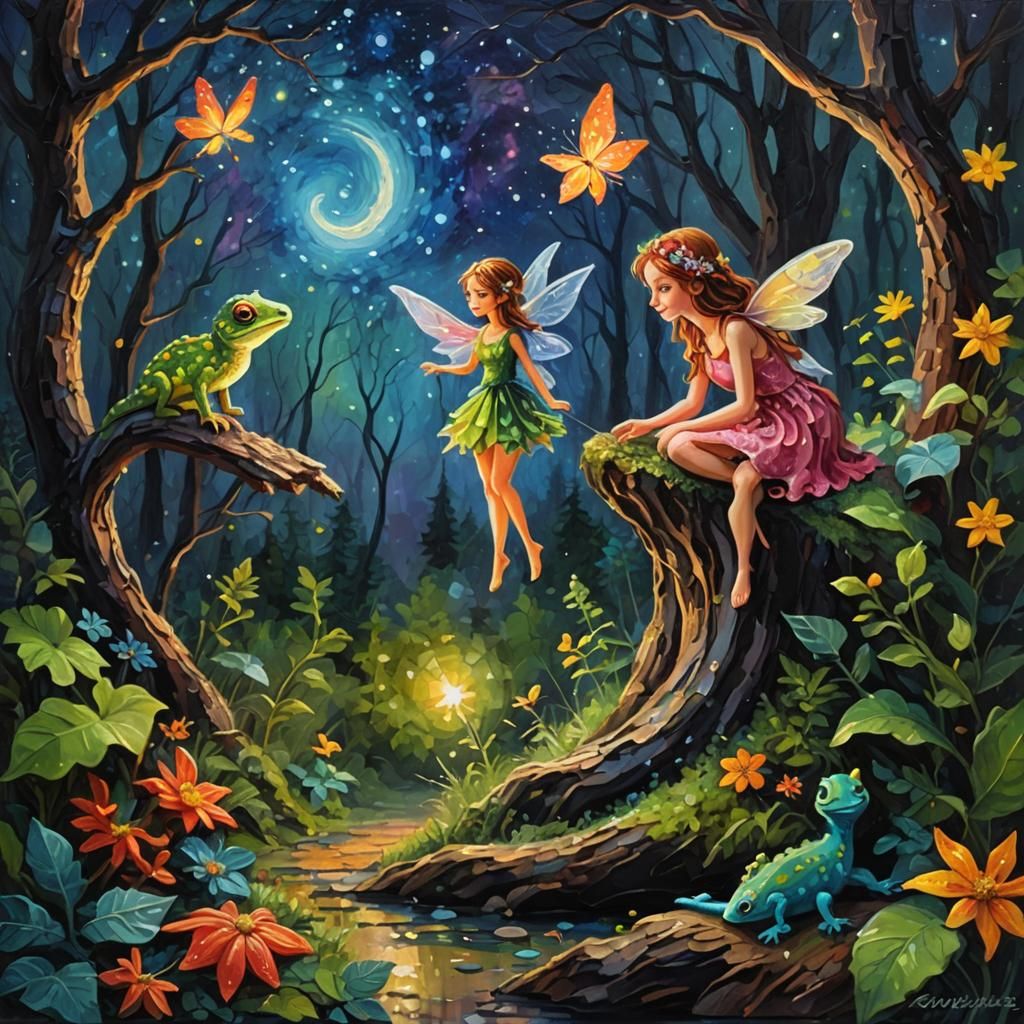 Fairy and Gecko Chat in Impasto Oil Paint