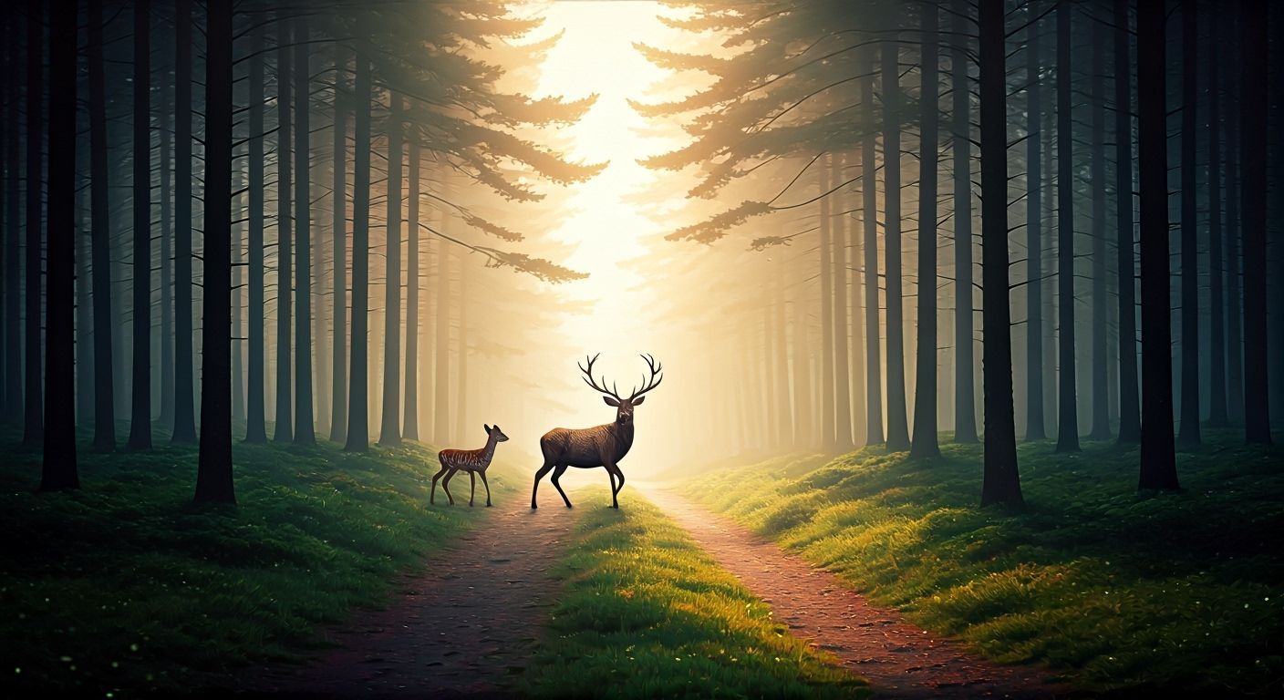 Misty Forest Dawn with Majestic Stag in Romantic Style