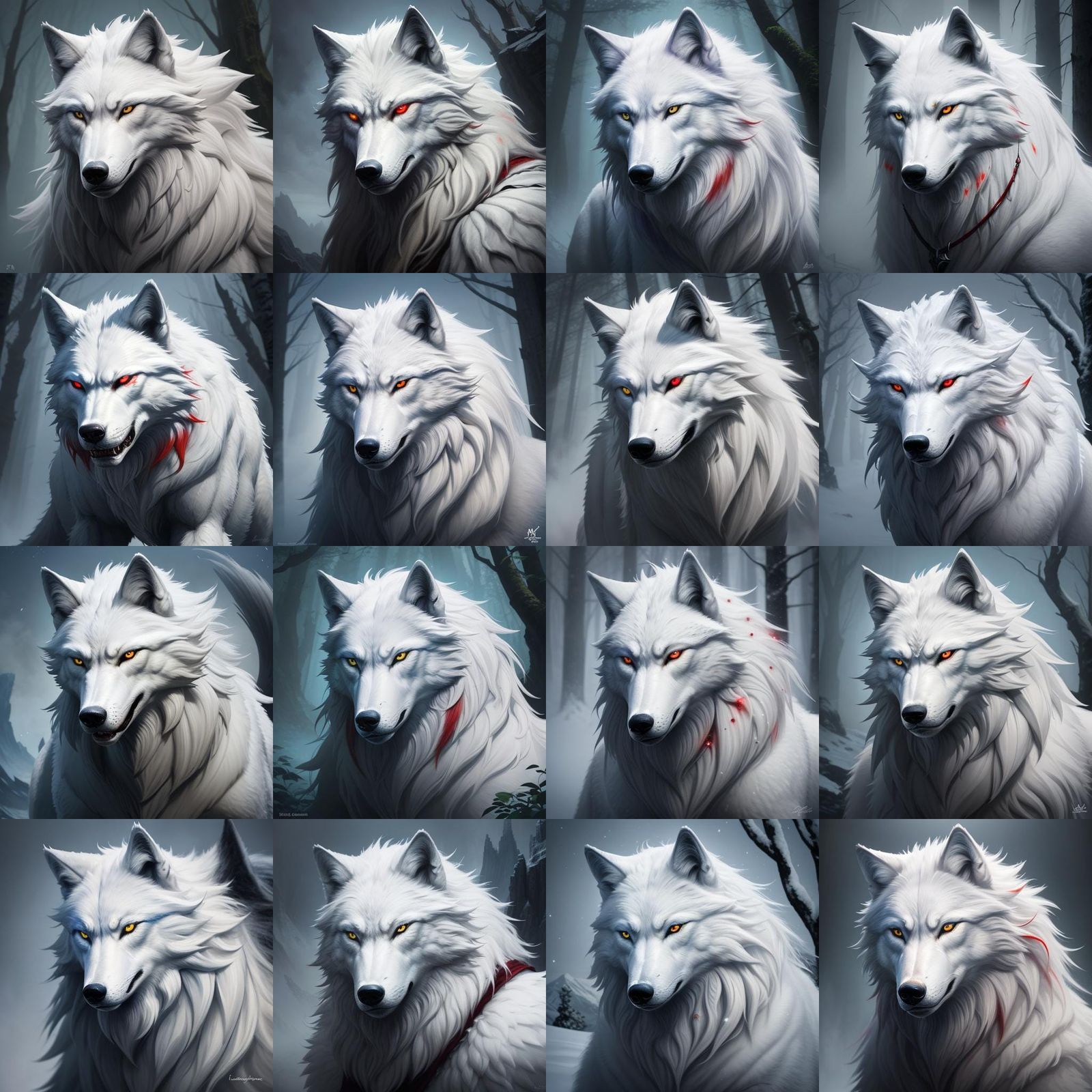 Silver and White Wolf with Crimson Eyes
