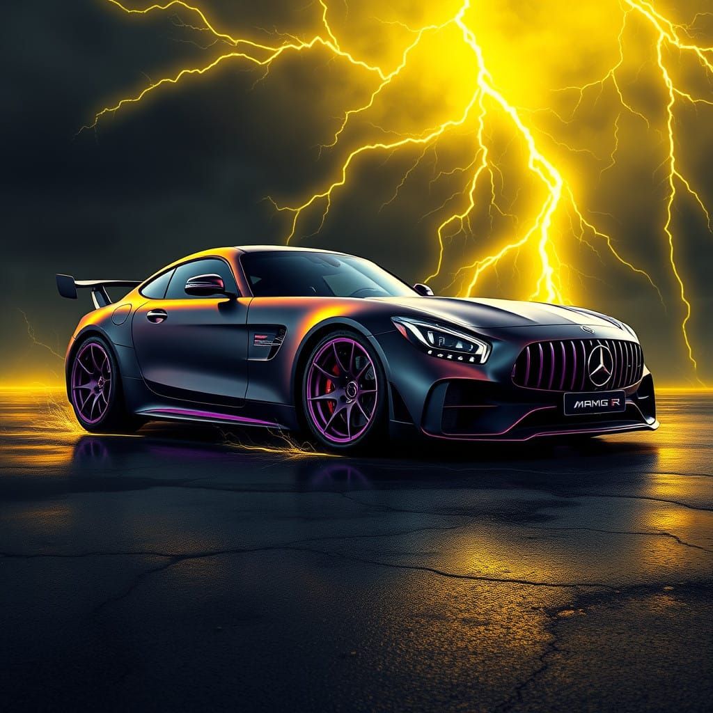 Sleek Black Mercedes AMG GT R with Glowing Purple Rims in St...