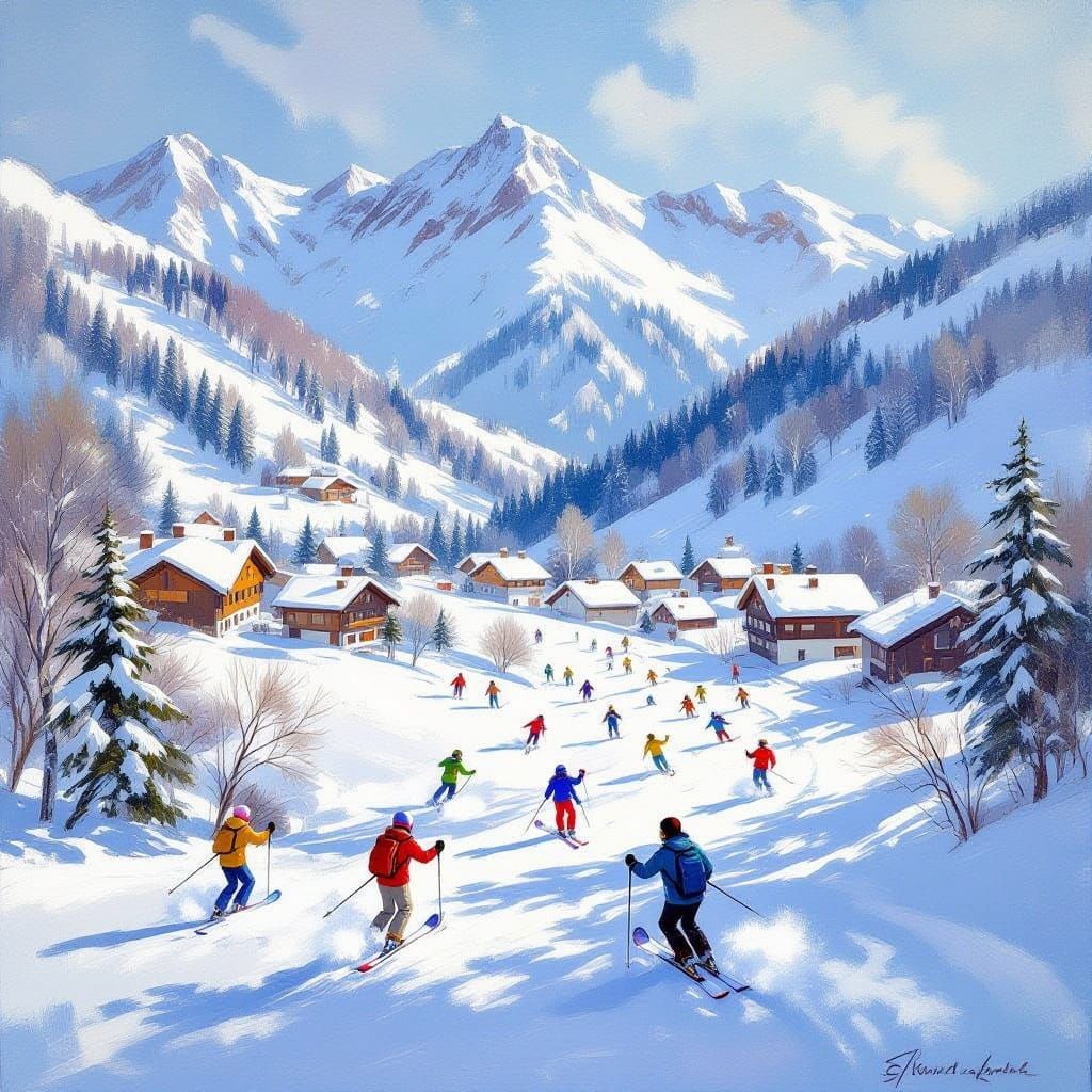 Impressionist Skiers Descend Mountain Above Snowball Fight