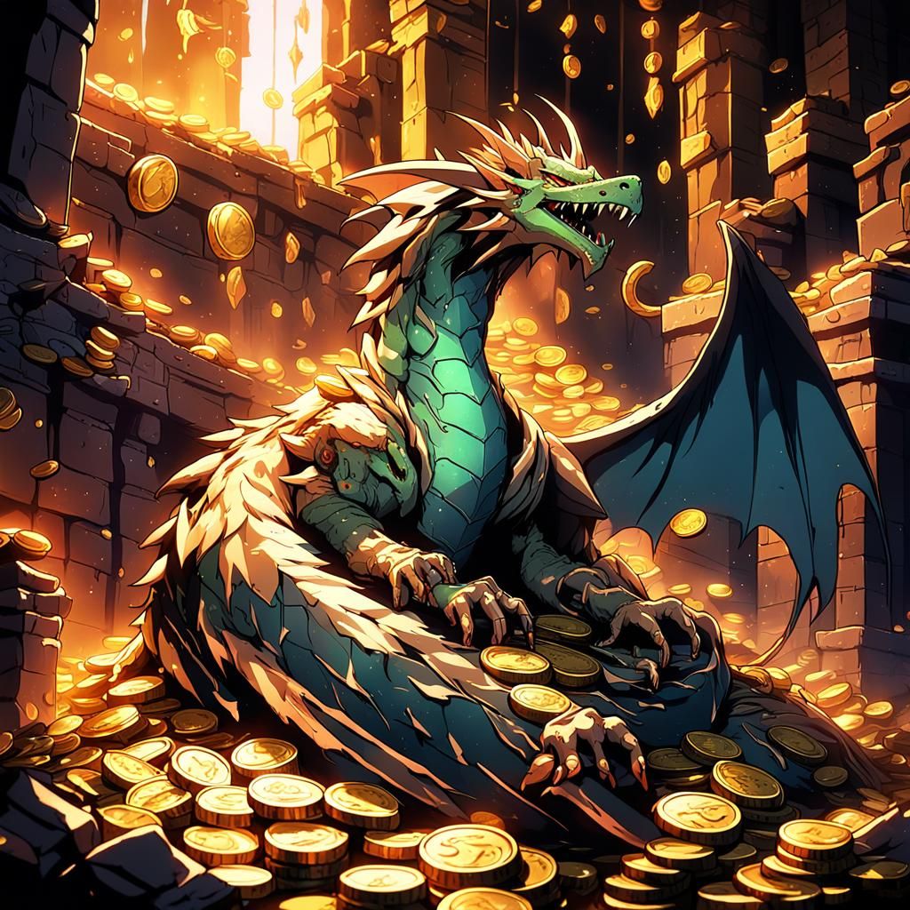 Wyvern Sleeps on Gold: Anime Cel-Shaded Illustration