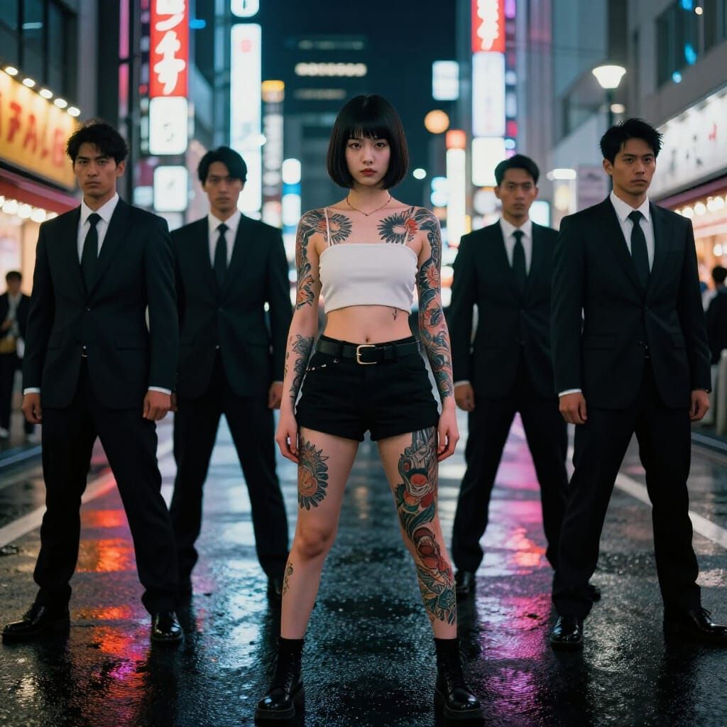 Yakuza Daughter in Neon-Lit Tokyo with Bodyguards