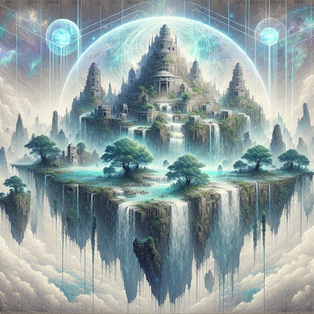 A floating island with ancient ruins and cascading waterfall...