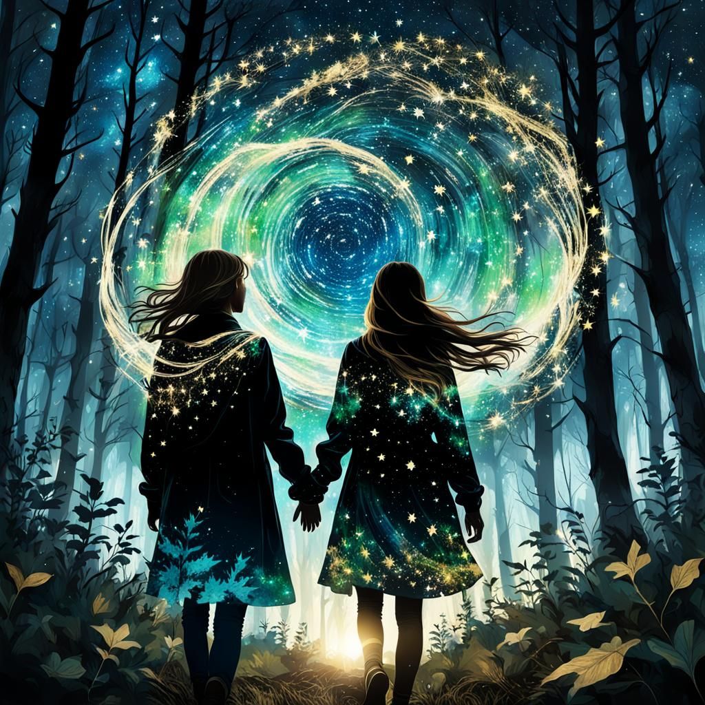 Magical Double Exposure: Teens Under Swirling Stars