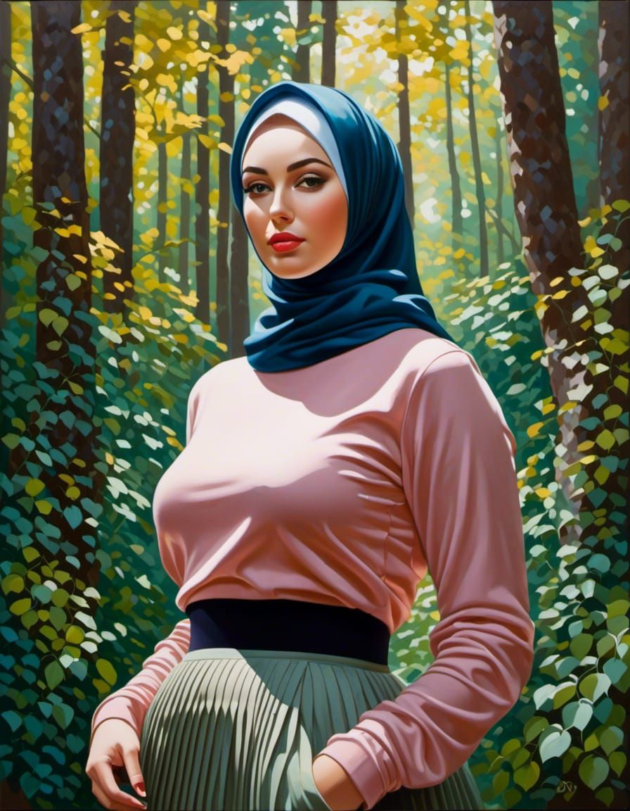 Woman in Hijab and Mask in Forest Painting