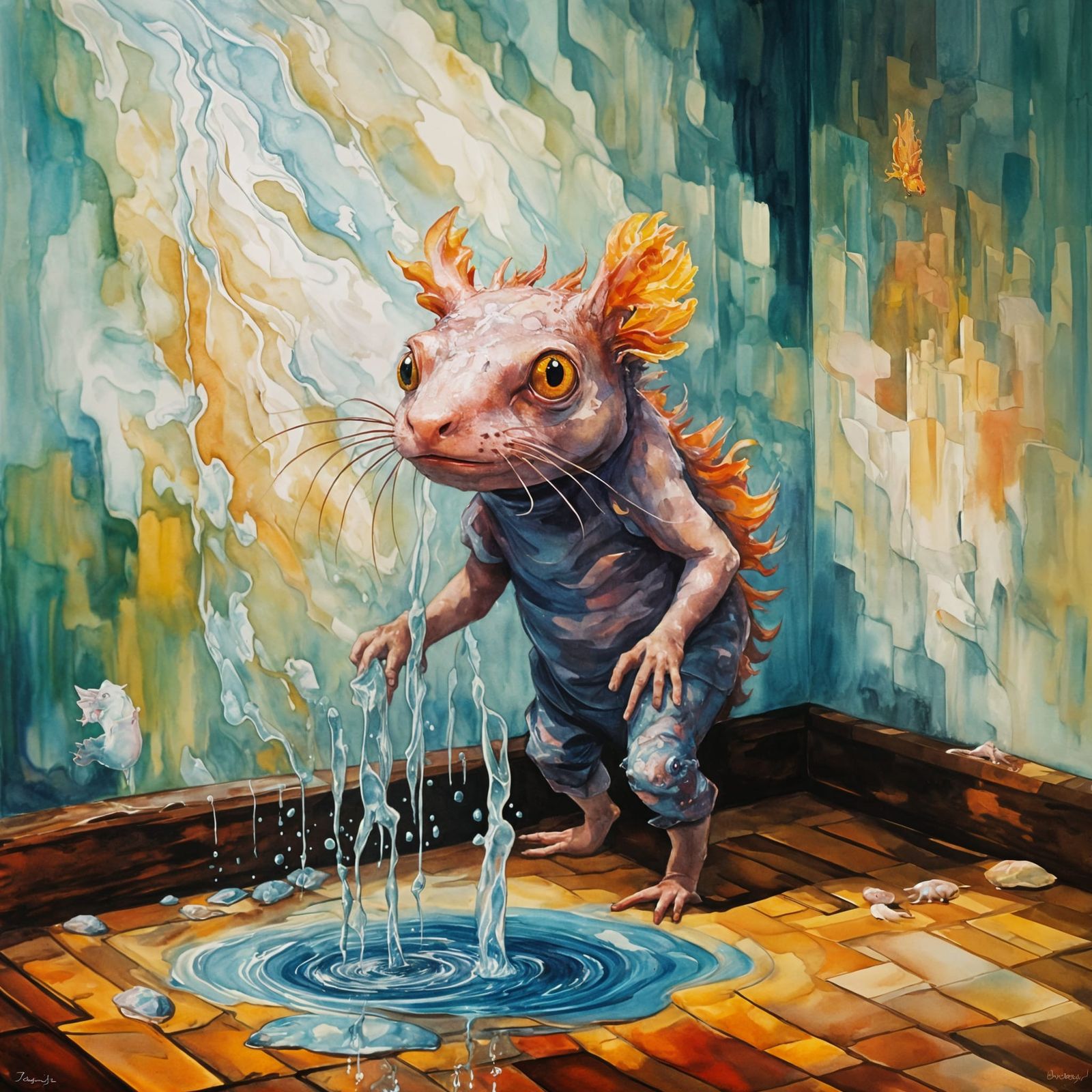 Surrealist Axolotl Defies Chaos in Heavenly Light