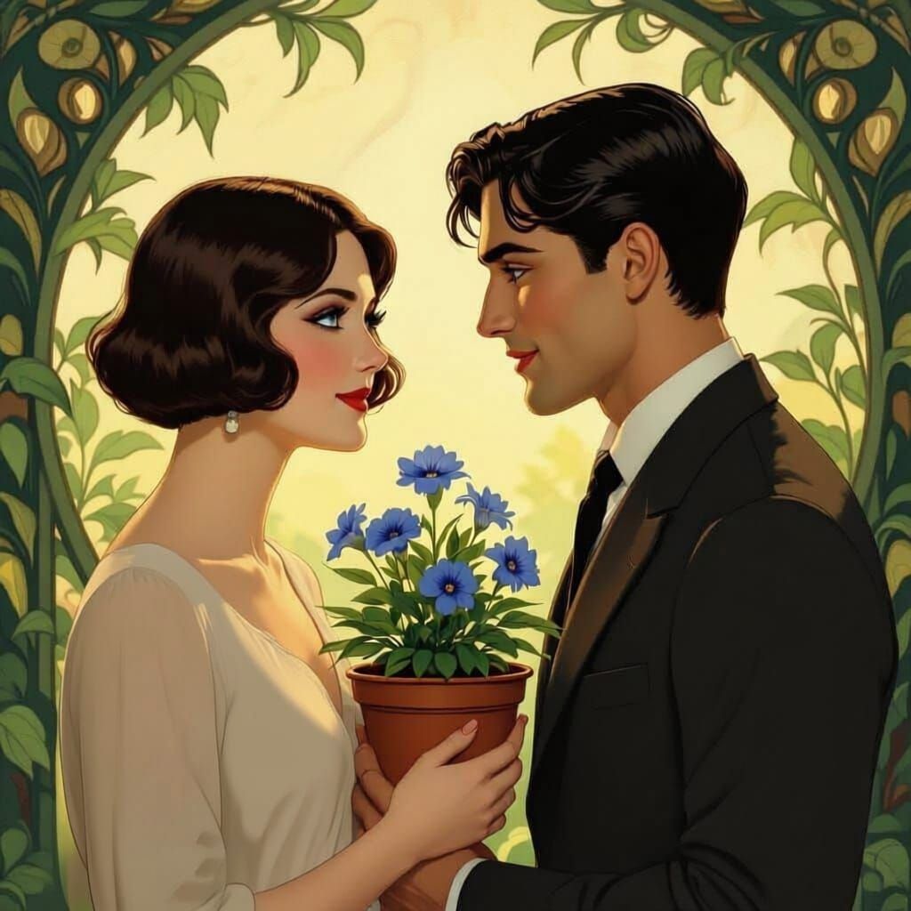 1920s Couple Chatting in Lush Greenery