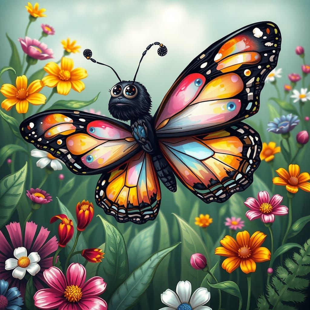 Butterfly with Puzzled Expression in Whimsical Garden