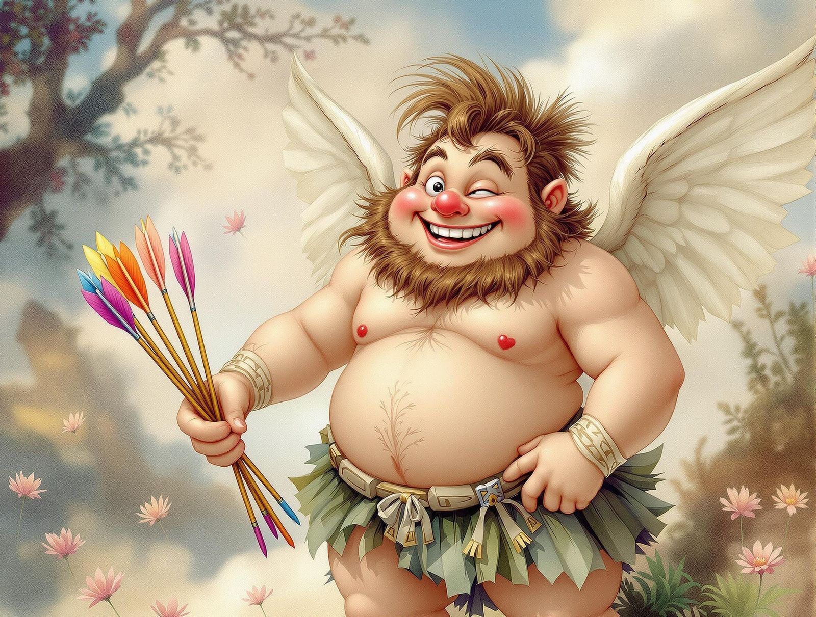Jovial Cupid with Brown Ponytail Shoots Rubber Arrows
