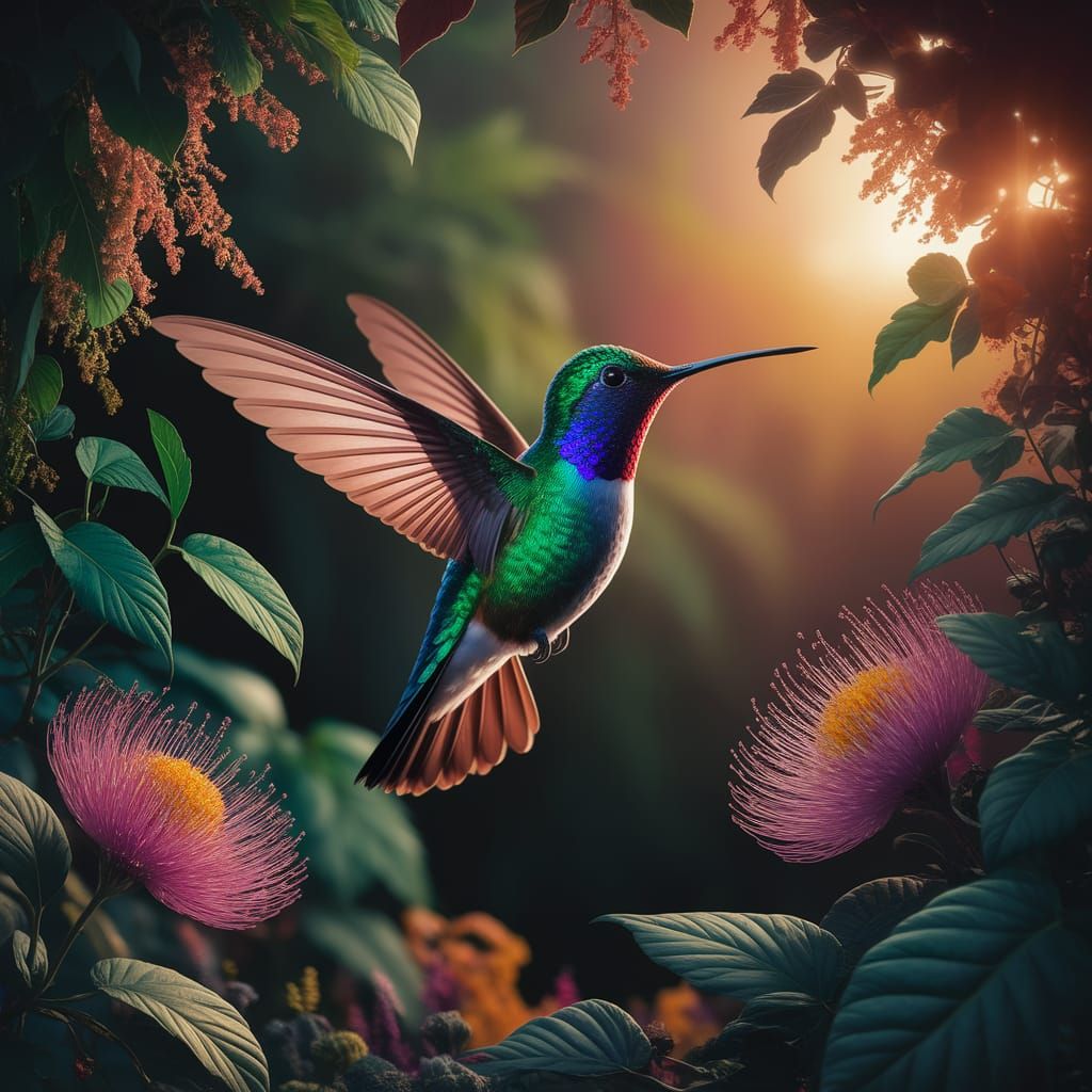 Iridescent Hummingbird in Vibrant Jungle Light