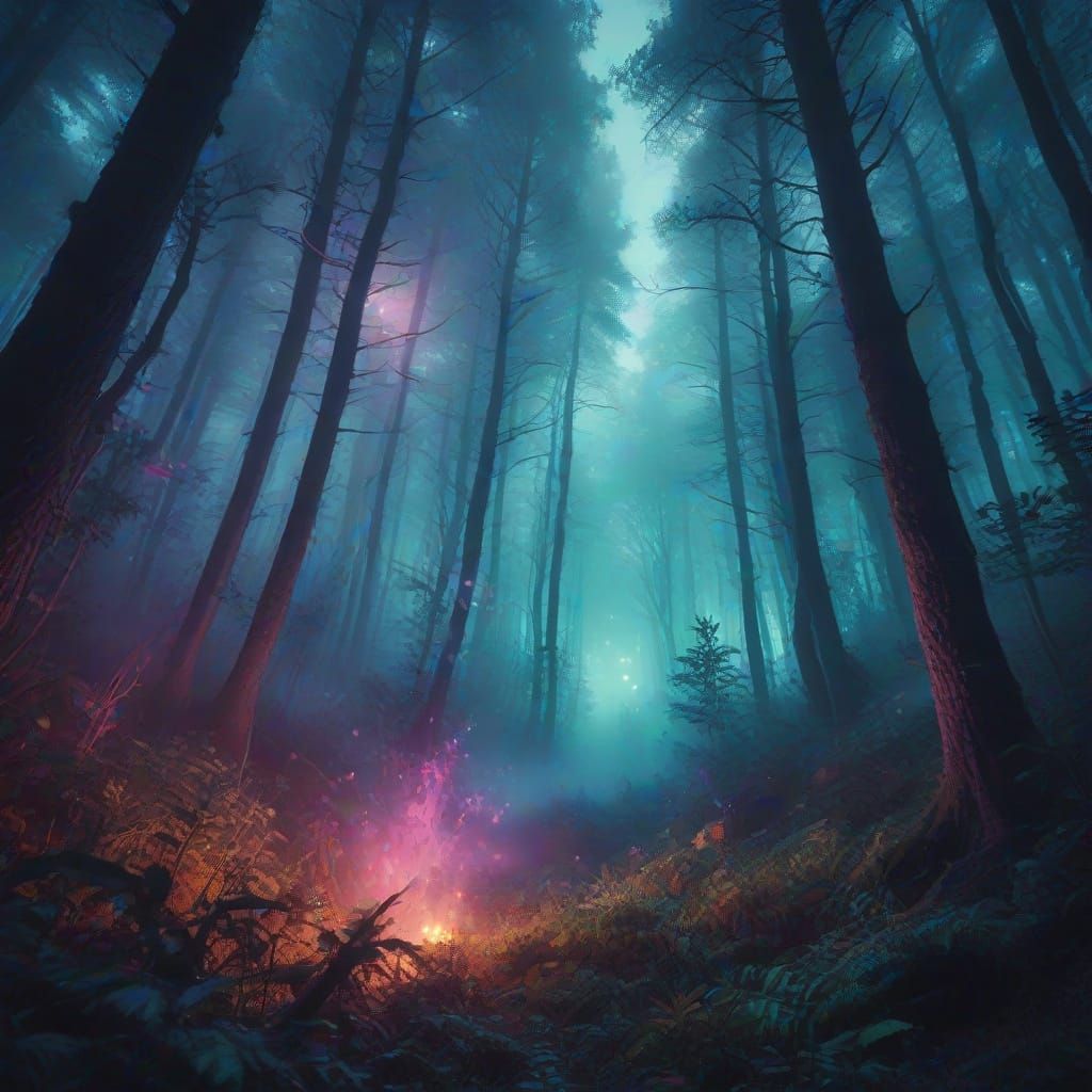 Surreal Foggy Forest with Ethereal Creatures