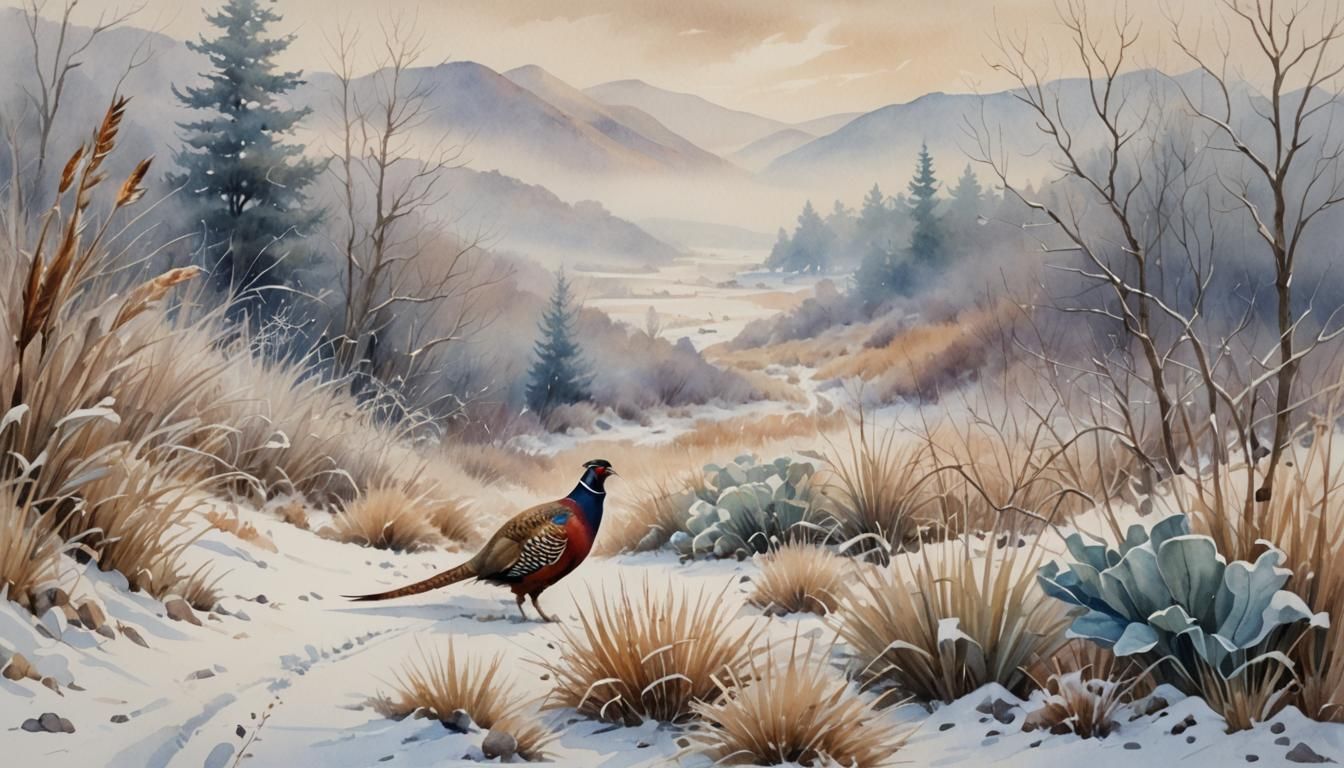 Pheasant in Snowy Landscape: Watercolor Painting