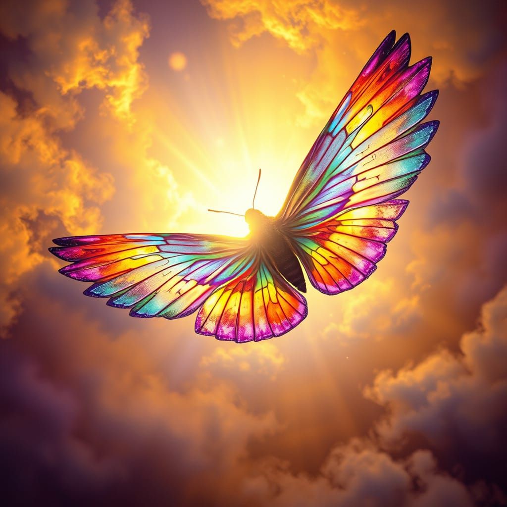 Vibrant Butterfly in Rainbow Colors Soars Towards the Sun in...