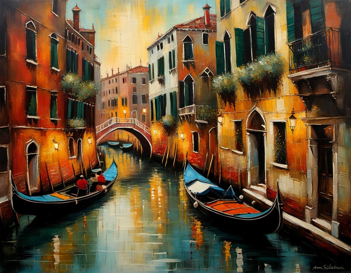 Romantic Venice Canals in Encaustic Style