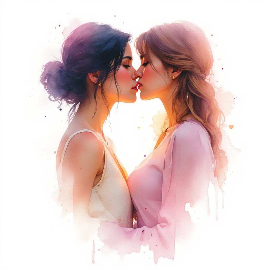 Couple Kissing Tenderly in Expressive Watercolor Style
