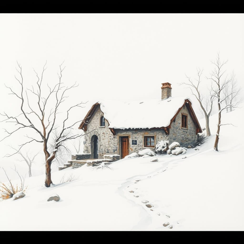 Rustic Rocky House in Snowy Winter Wonderland Landscape