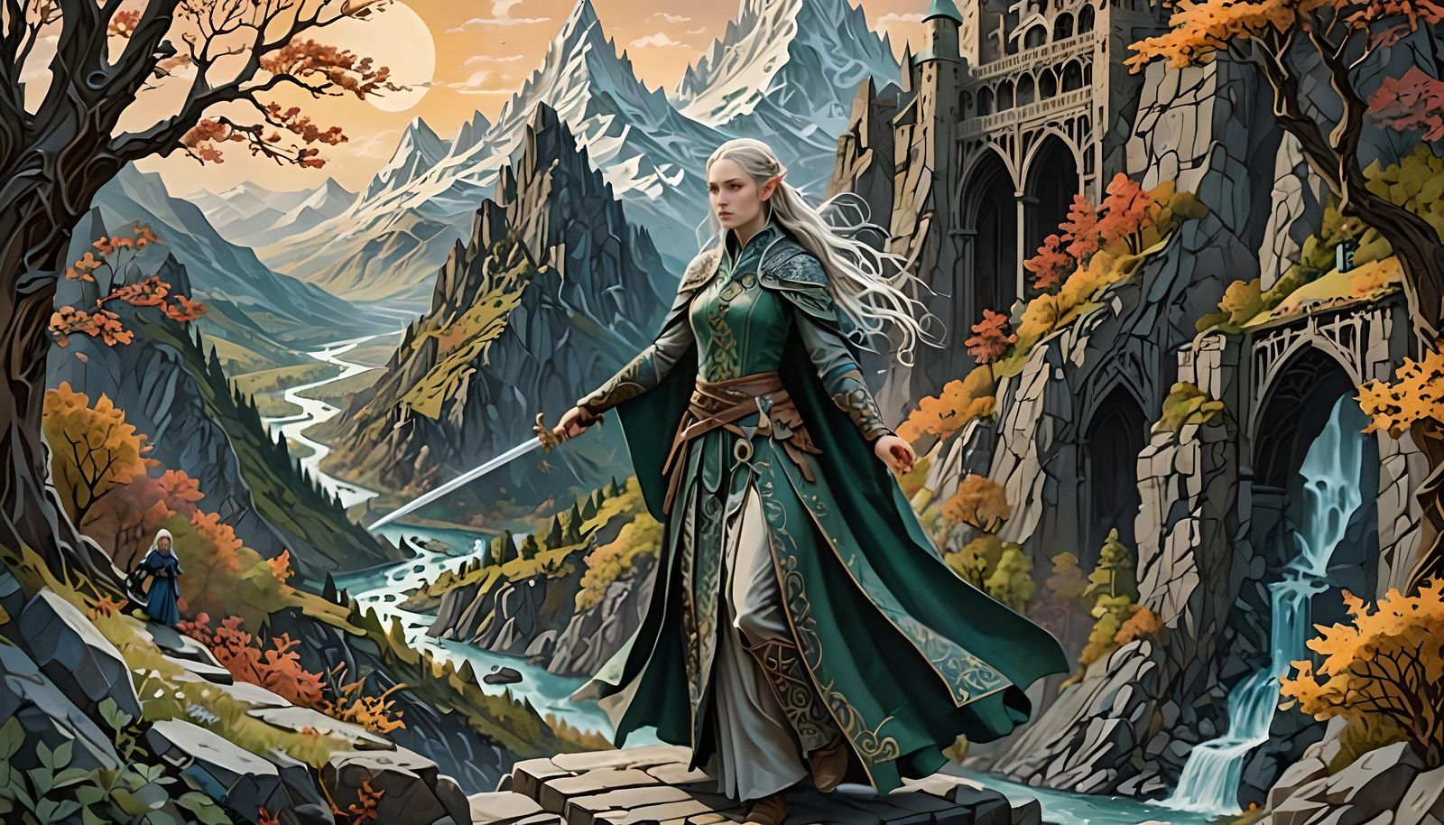 Elvish Woman on Bridge in Fantasy Paper Art