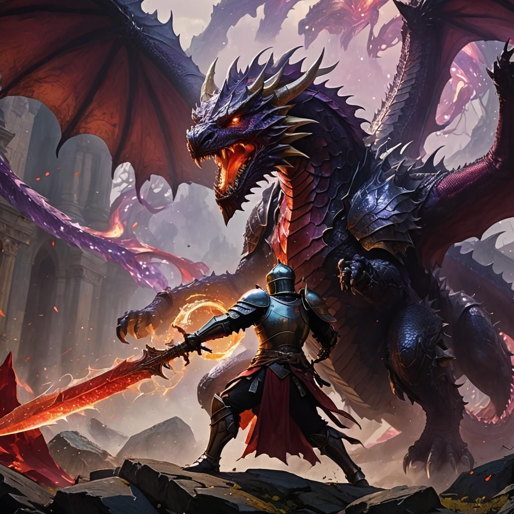 Knight Slaying Red Crystal Dragon: Dark Fantasy Art