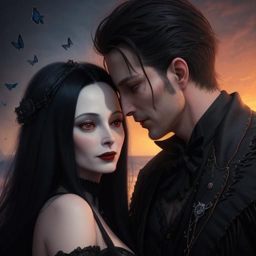 mail art , gothic  Gomez and Morticia Addams, dark hearts bu...