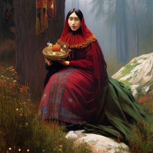 Humorous Dark Fantasy Mother Portrait in Red