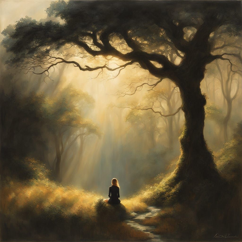 Serene Woman Lost in Contemplation Amidst a Misty Forest
