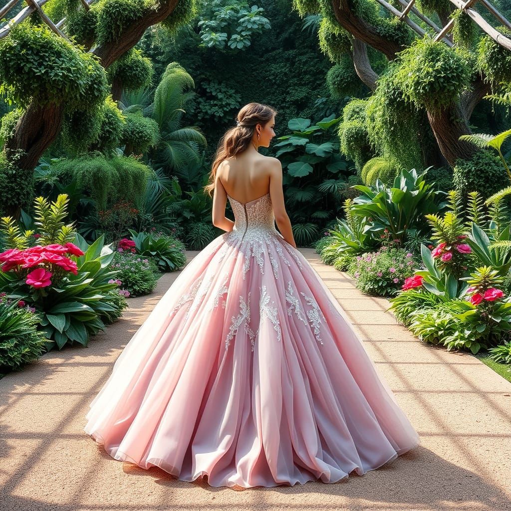 Elegant Woman Strolls through Vibrant Botanical Garden in Wa...