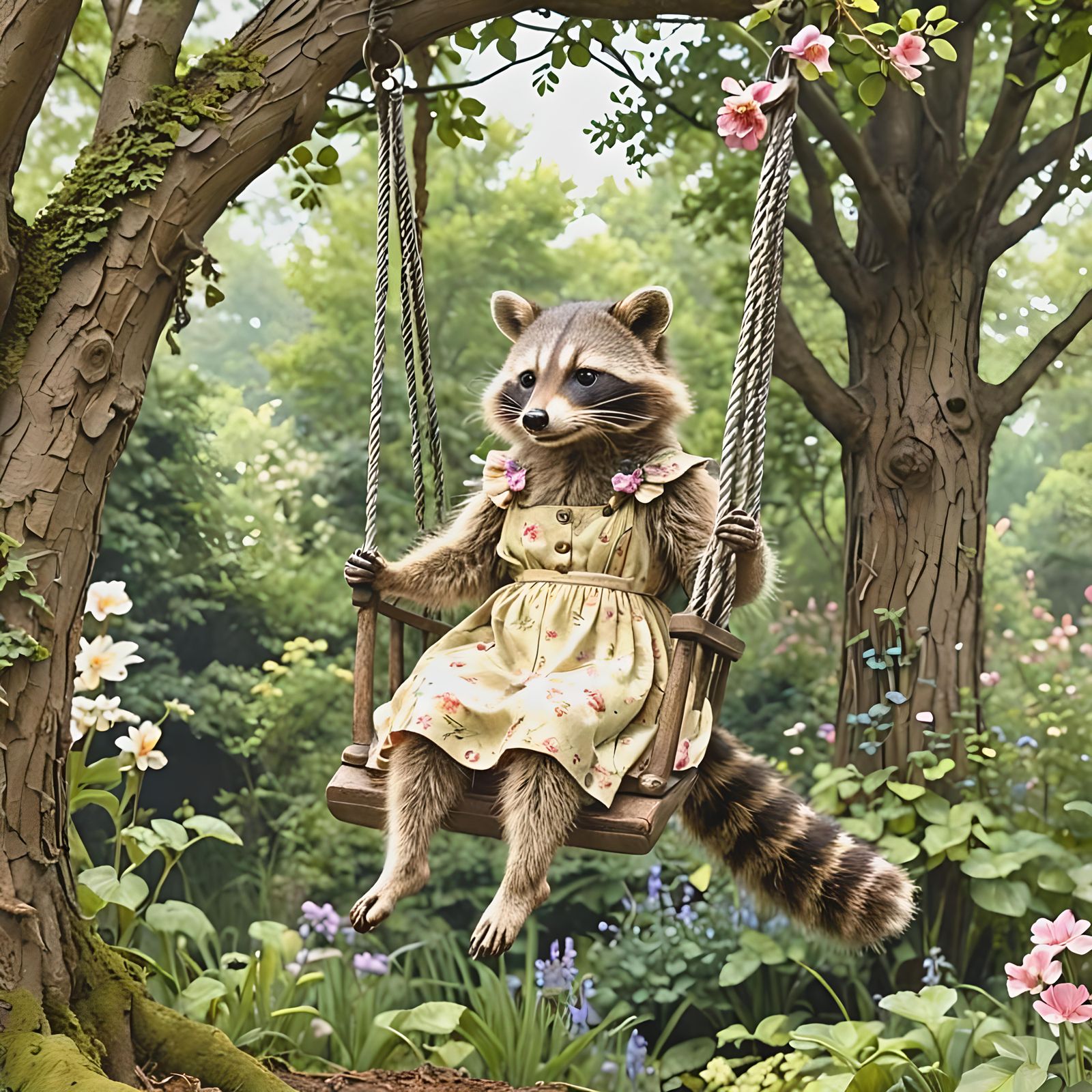 Raccoon Mother on a Swing in Storybook Illustration