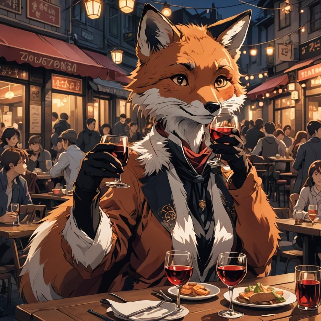 Fox Woman Enjoying Wine in Anime Style