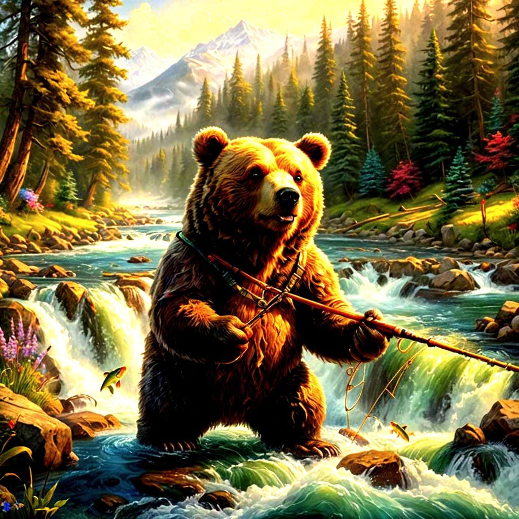 Cute Bear Fishing in Hyperrealistic Style