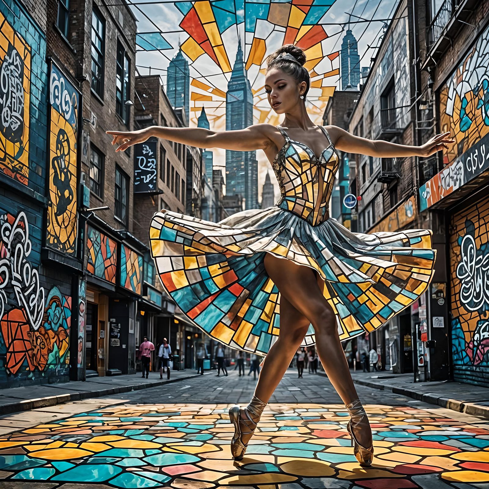 Ballerina in Stained Glass Tutu, Graffiti Cityscape