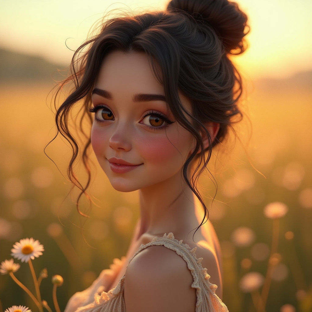 Young Woman Portrait in Sunlit Meadow, Matte Painting