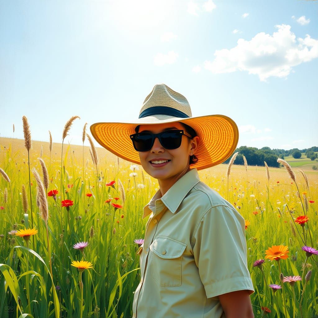 Person in Sun-Drenched Field in Impressionistic Style