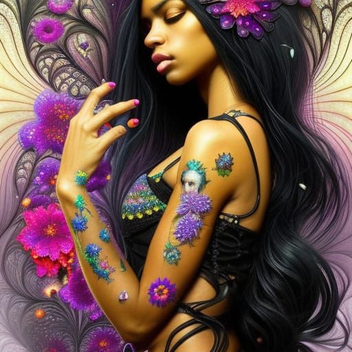 Long Black Hair With Flowers #5
