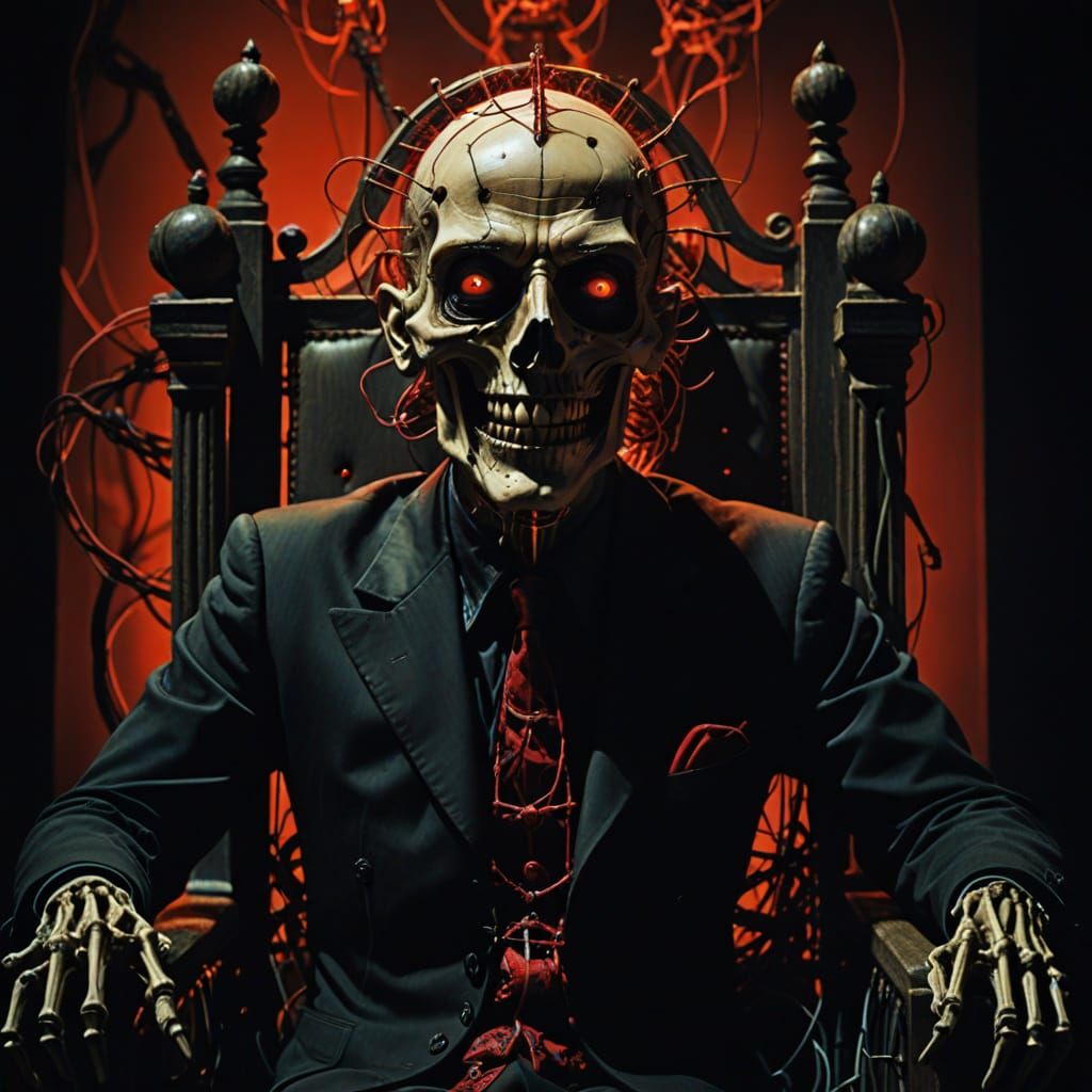 Sinister Skeletal Figure on Throne in Dark Surrealism