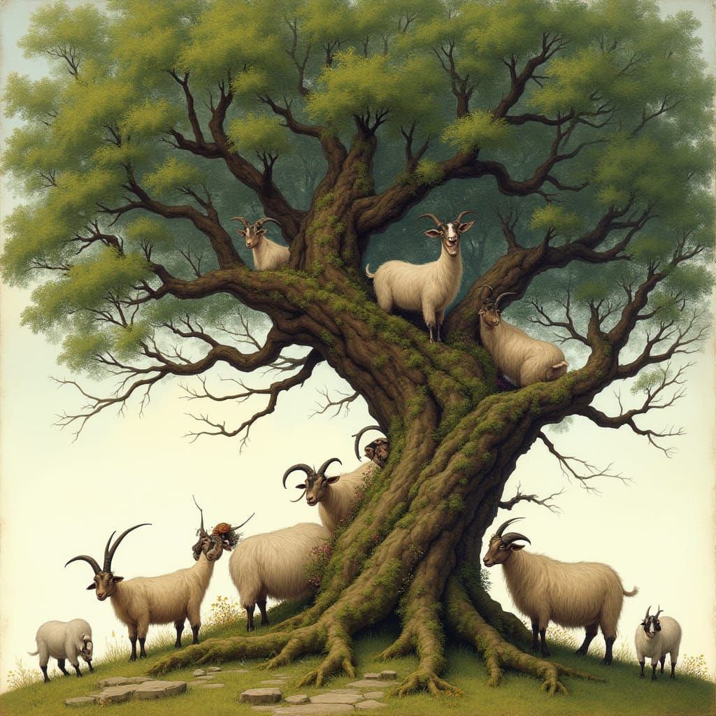 Ancient Tree Enveloped by Whimsical Goat Foliage