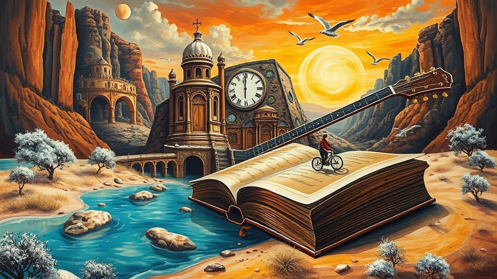 Surreal Guitar Cityscape in Dali-Inspired Style