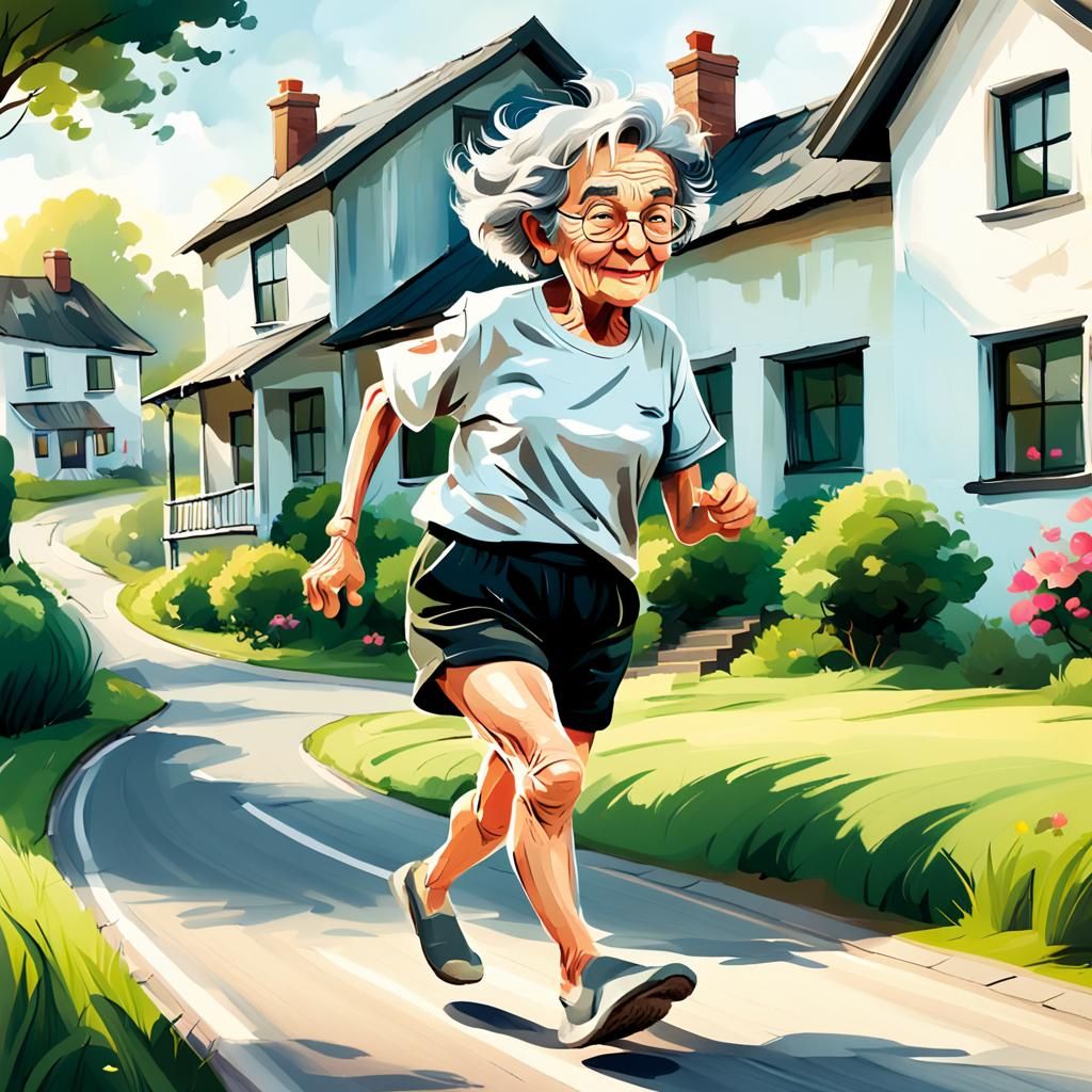 Whimsical Granny Running: Oil Painting in Vibrant Colors