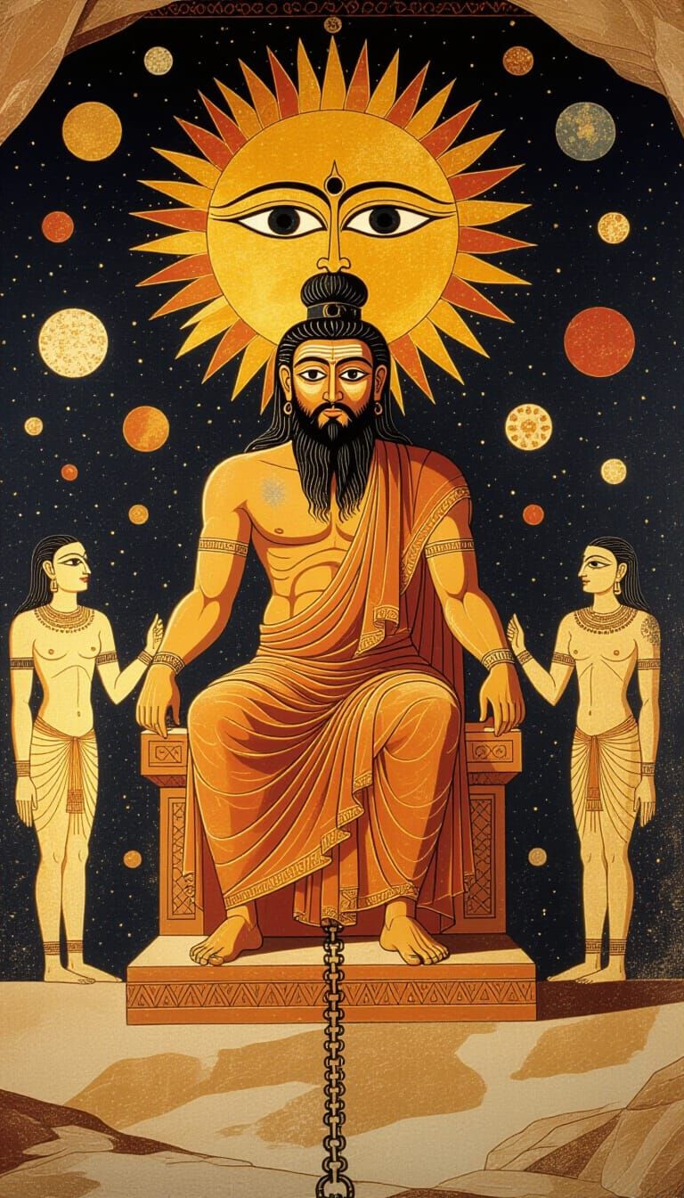 Cosmic Deity Enthroned in Ancient Cave Painting Style