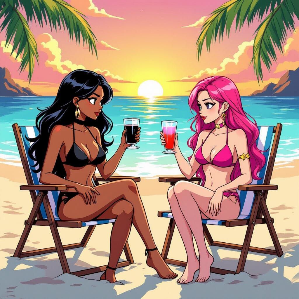 Miraculous Heroes Chat on Tropical Beach at Sunset