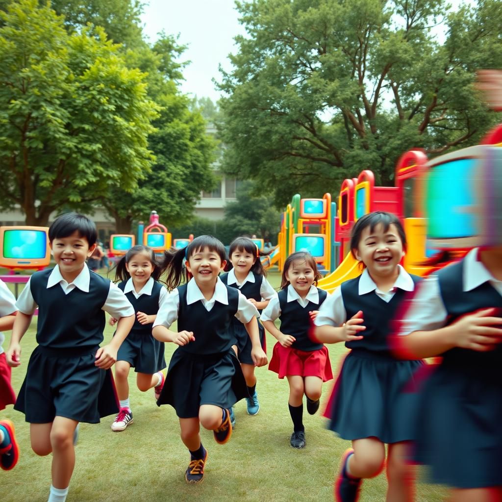 Children's Schoolyard with Distorted Screens in Cyberpunk St...